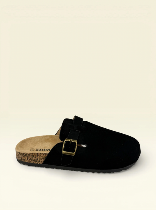 Mule Suède Noire - Boucle Dorée
